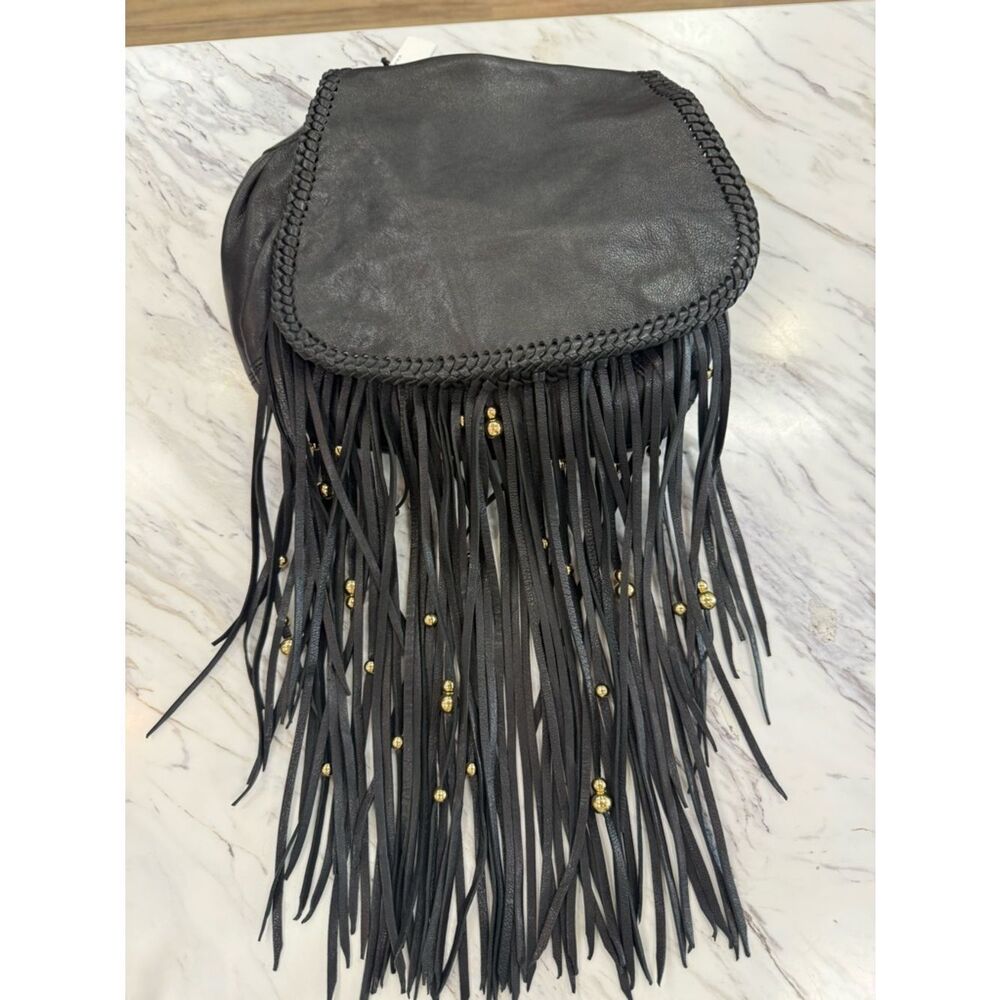 CC Skye Black Leather Fringe Crossbody with Gold Bead Accents